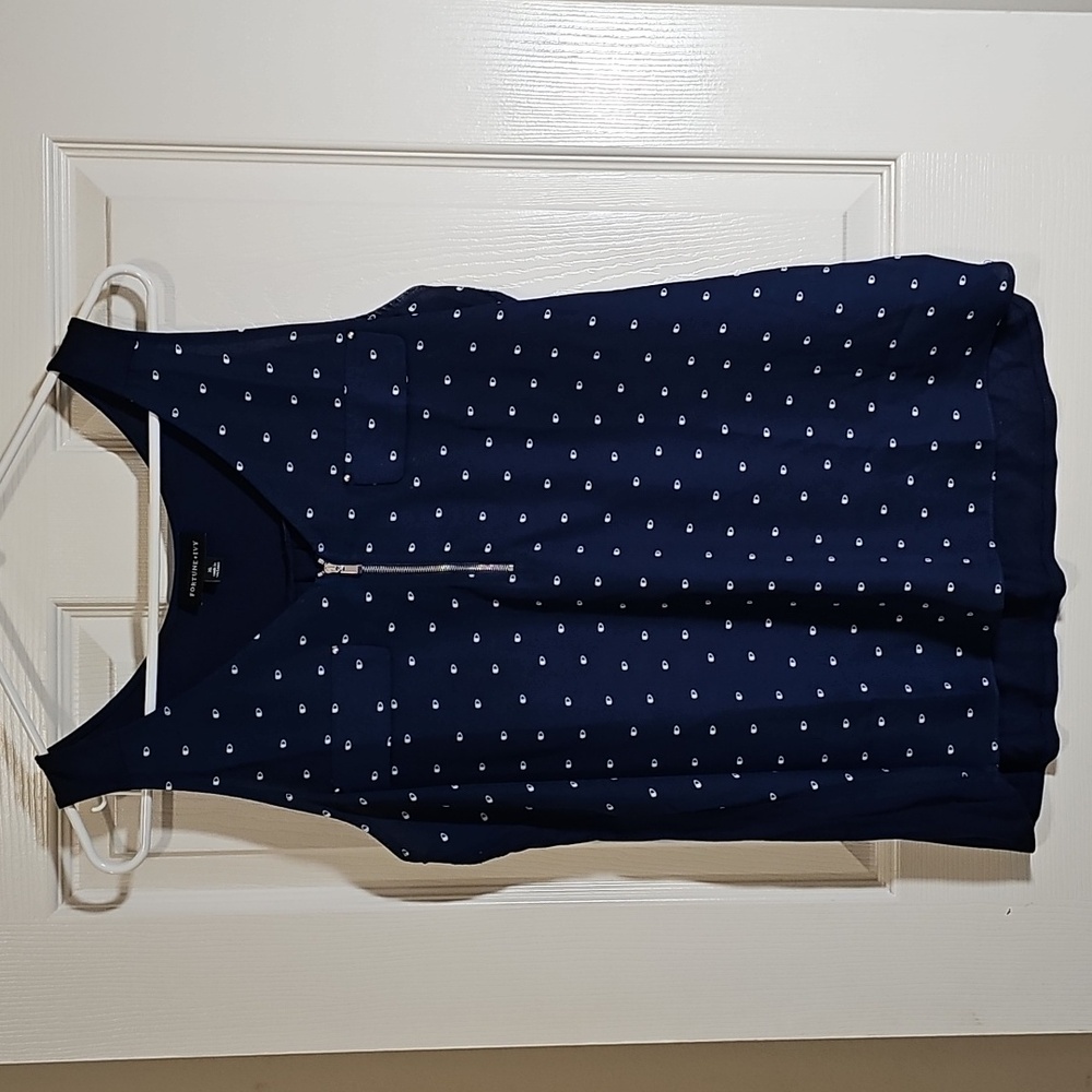 Dressbarn Navy Sleeveless Zip-Front Polka Dot Blouse